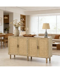 Clihome 62.2" Natural Rattan Storage Cabinet, 2-Door Sideboard Buffet Coffee Bar Cabinet