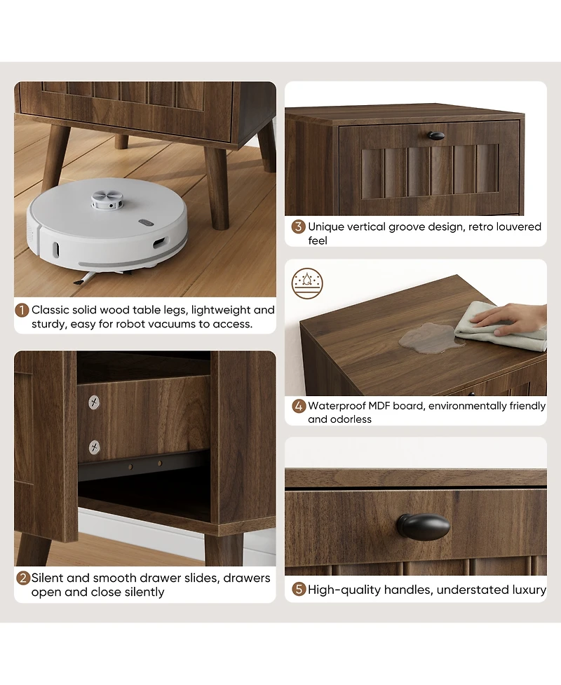 Boyel Living Medieval Modern Bedside Table Set of 2, Walnut Nightstand with Vertical Grooves and Solid Wood Legs, Double Drawer Side Table for Bedroom