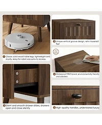 Boyel Living Medieval Modern Bedside Table Set of 2, Walnut Nightstand with Vertical Grooves and Solid Wood Legs, Double Drawer Side Table for Bedroom