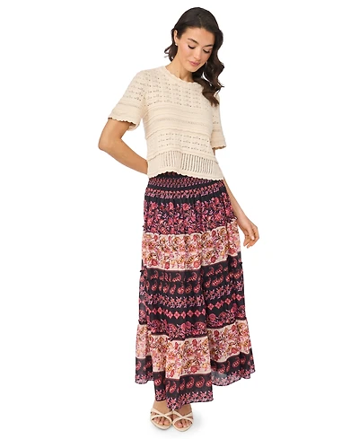 CeCe Women's Multi-Stitch Pointelle Short-Sleeve Sweater