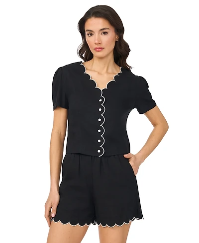 CeCe Women's Short-Sleeve V-Neck Scallop Edge Top