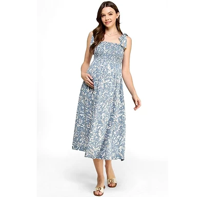Hello Miz Women's Maternity Floral Smocked Sleeveless Tie-Shoulder Midi Dress