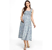 Hello Miz Women's Maternity Floral Smocked Sleeveless Tie-Shoulder Midi Dress