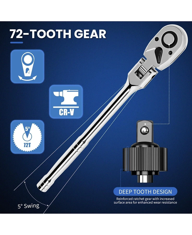 Xdovet Flex Head Ratchet Set Swivel Wrench Extension Bars Adapters Quick-release Case