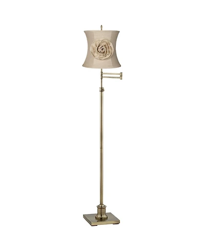 360 Lighting Traditional Swing Arm Floor Lamp Adjustable Height 70" Tall Antique Brass Almond Flower Linen Drum Shade Living Room Bedroom