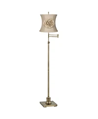 360 Lighting Traditional Swing Arm Floor Lamp Adjustable Height 70" Tall Antique Brass Almond Flower Linen Drum Shade Living Room Bedroom
