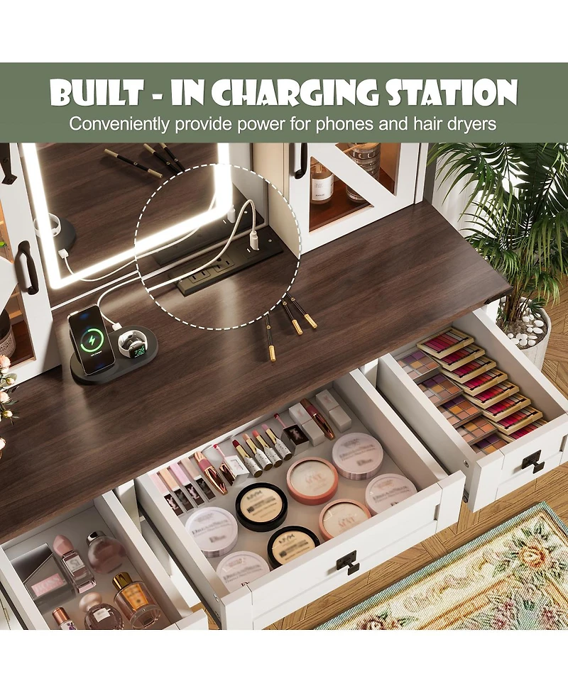 Streamdale Furniture 43.3'' Farmhouse Vanity Desk with Lighted Mirror Charging Station and Storage