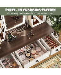 Streamdale Furniture 43.3'' Farmhouse Vanity Desk with Lighted Mirror Charging Station and Storage