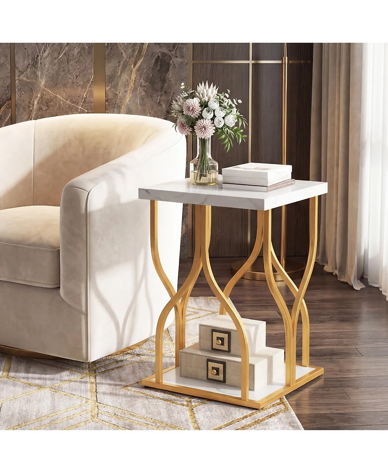 Gymax Faux Marble Nightstand 2-Tier End Table w/Storage Shelf Metal Frame for Bedroom