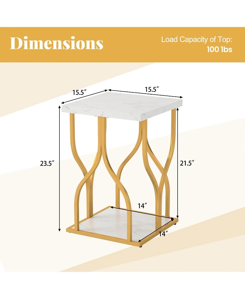 Gymax Faux Marble Nightstand Set of 2 2-Tier End Table w/ Storage Shelf and Metal Frame