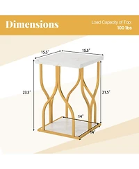 Gymax Faux Marble Nightstand Set of 2 2-Tier End Table w/ Storage Shelf and Metal Frame