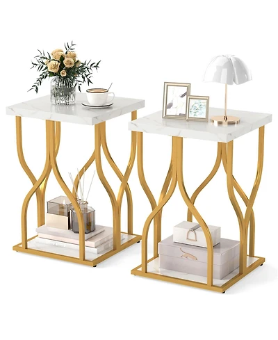 Gymax Faux Marble Nightstand Set of 2 2-Tier End Table w/ Storage Shelf and Metal Frame