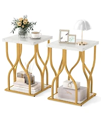 Gymax Faux Marble Nightstand Set of 2 2-Tier End Table w/ Storage Shelf and Metal Frame