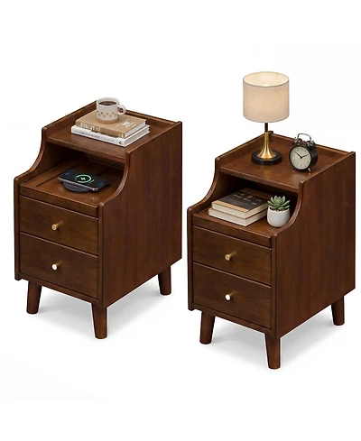 Gymax 2Pcs Wood Nightstand w/ 2 Drawers Narrow Bedside Table w/ Pull-out Tray