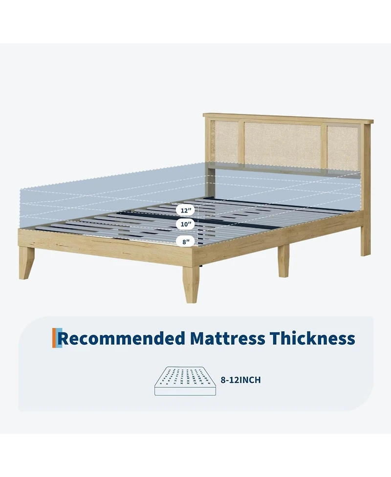 gaomon Bed Frame with Natural Rattan Headboard, 4 Drawers, Sturdy Metal Base, Boho-Style Cane Support, No Box Spring Required, Wood Metal Platform