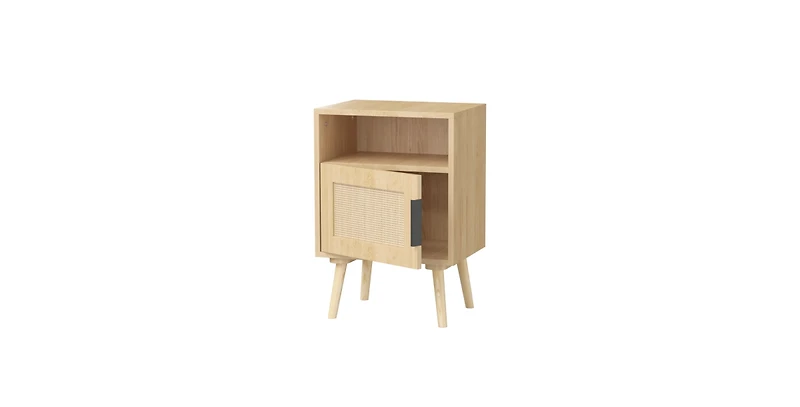 Lucky One 23"W Rattan Nightstand with Door Open Shelf, Solid Wood Legs