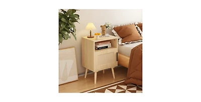 Lucky One 23"W Rattan Nightstand with Door Open Shelf, Solid Wood Legs