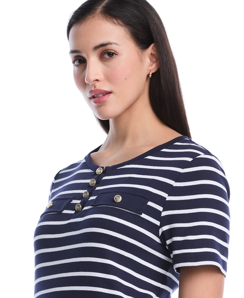 Rafaella Petite Striped Welt Pocket Short-Sleeve Top
