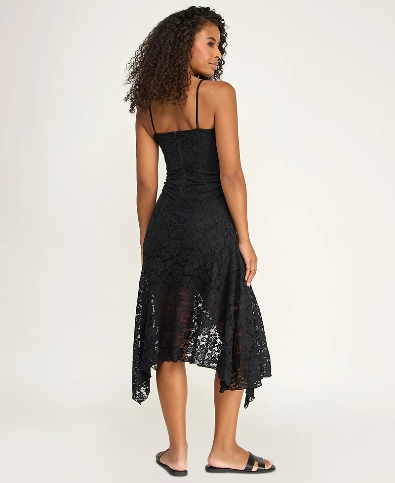 Katia Rae Juniors' Handkerchief Hem V-Neck Lace Midi Dress