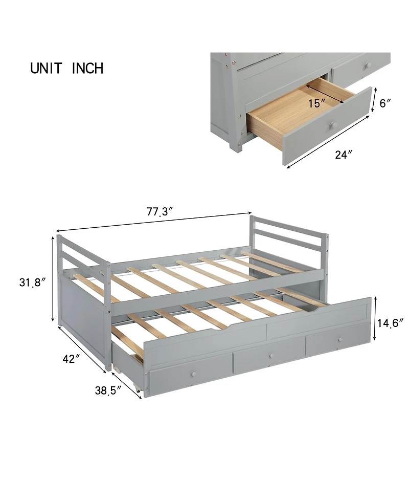 Sailvan Bed with Headboard, Footboard, Trundle and 3 Storage Drawers, Pine Wood Bed