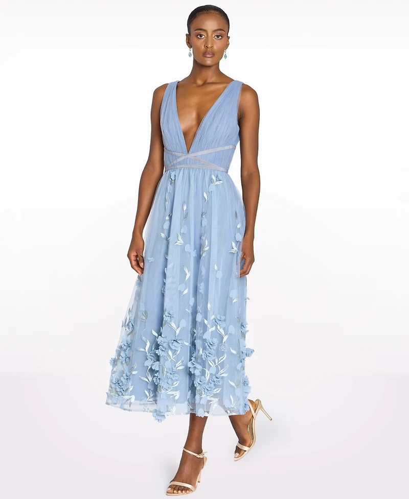 Marchesa Notte Women's V-Neck 3D Floral Midi Dress