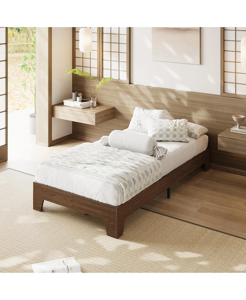 homfan Platform Bed Frame with Wood-Grain Finish, Wooden Slat Support, Low Profile Design, No Box Spring Needed