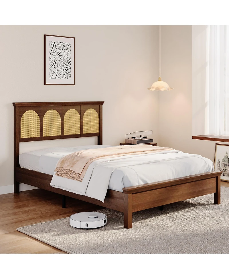 homfan Bed Frame with Rattan Headboard