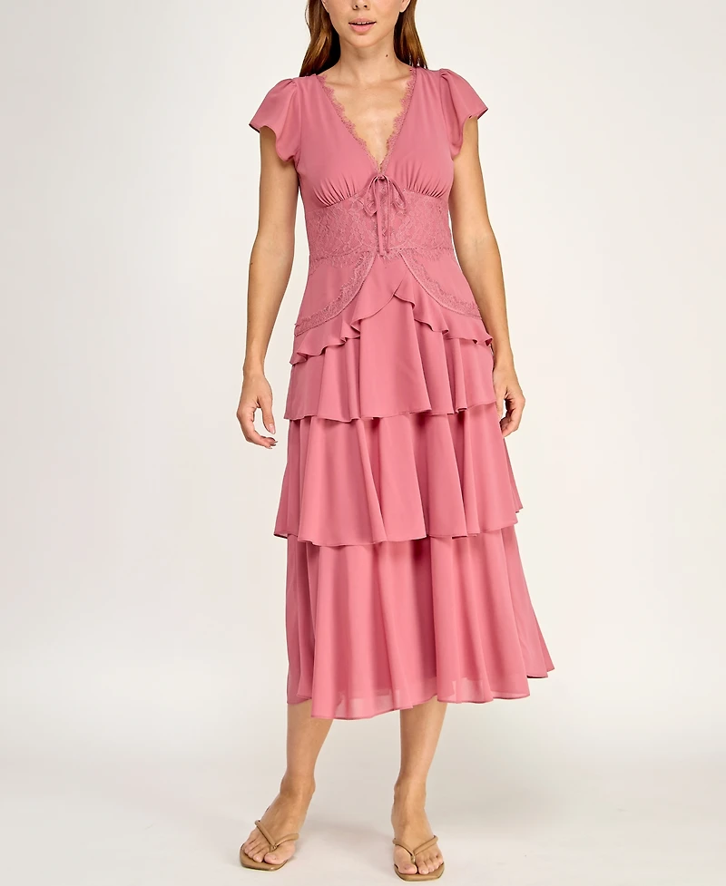 Row A Juniors' Lace Trim Tiered Midi Dress