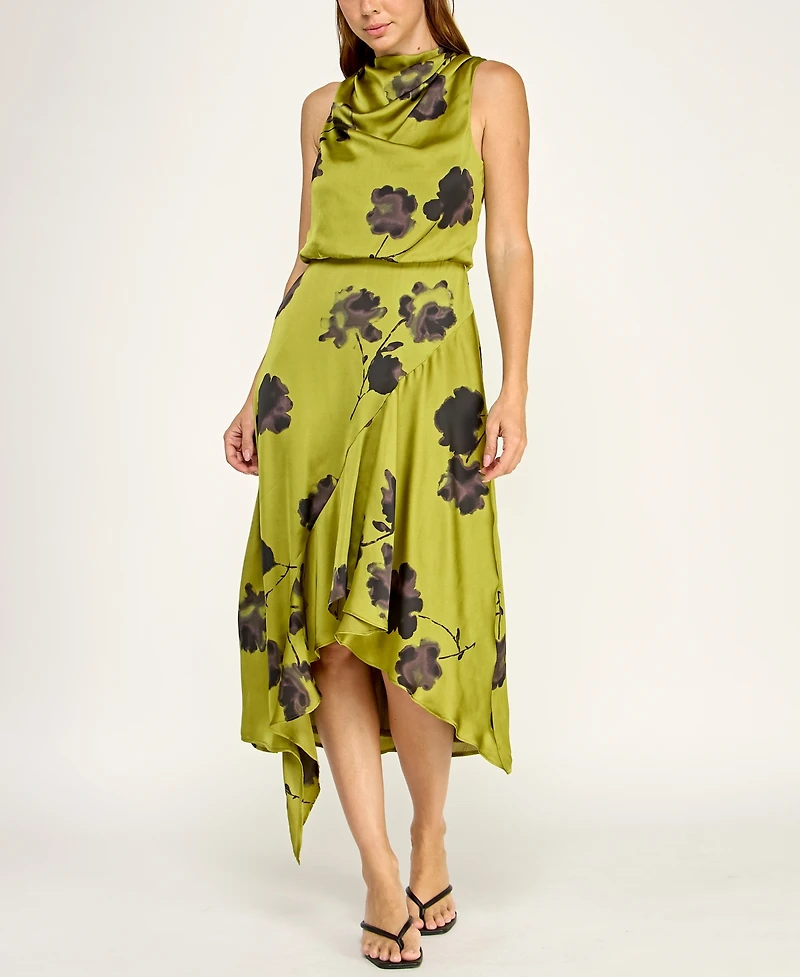 Row A Juniors' Cowl Neck Asymmetric Midi Dress