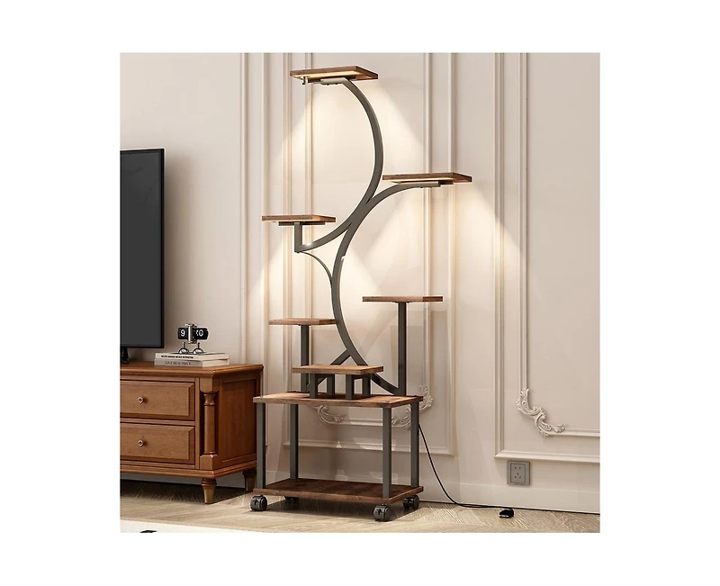 62" Tall Metal Plant Flower Holder Stand with Lights 8 Tiered Plant Shelf