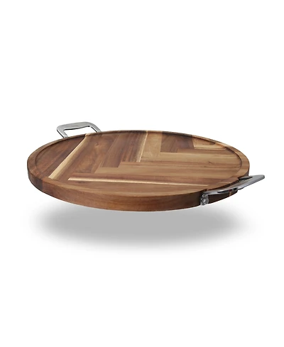 Dexas Acacia Round Herringbone Board with Stainless Steel Handles