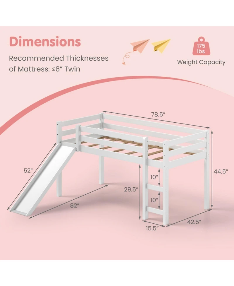 Gouun Twin Low Loft Bed with Slide and Double Ladder Access