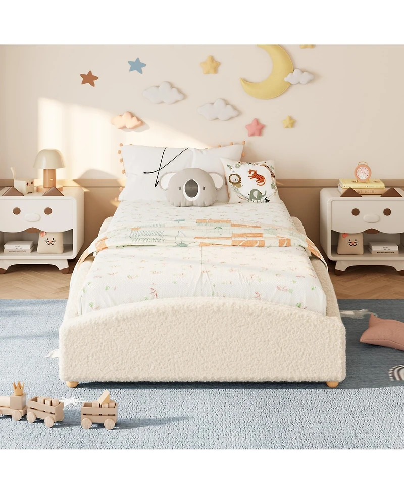 homfan Upholstered Floor Bed for Kids, Teddy Fabric Soft Frame with Cloud Shaped Guardrails