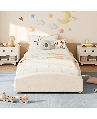 homfan Upholstered Floor Bed for Kids, Teddy Fabric Soft Frame with Cloud Shaped Guardrails