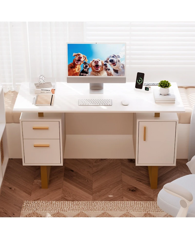 Sugift 51-Inch Computer Desk with 2 Drawers and Storage Cabinet, Modern Home Office Desk with Built-in Outlets