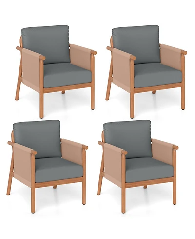Sugift Set of 4 Patio Acacia Wood Chairs with Woven Rope Armrests and Back Cushions