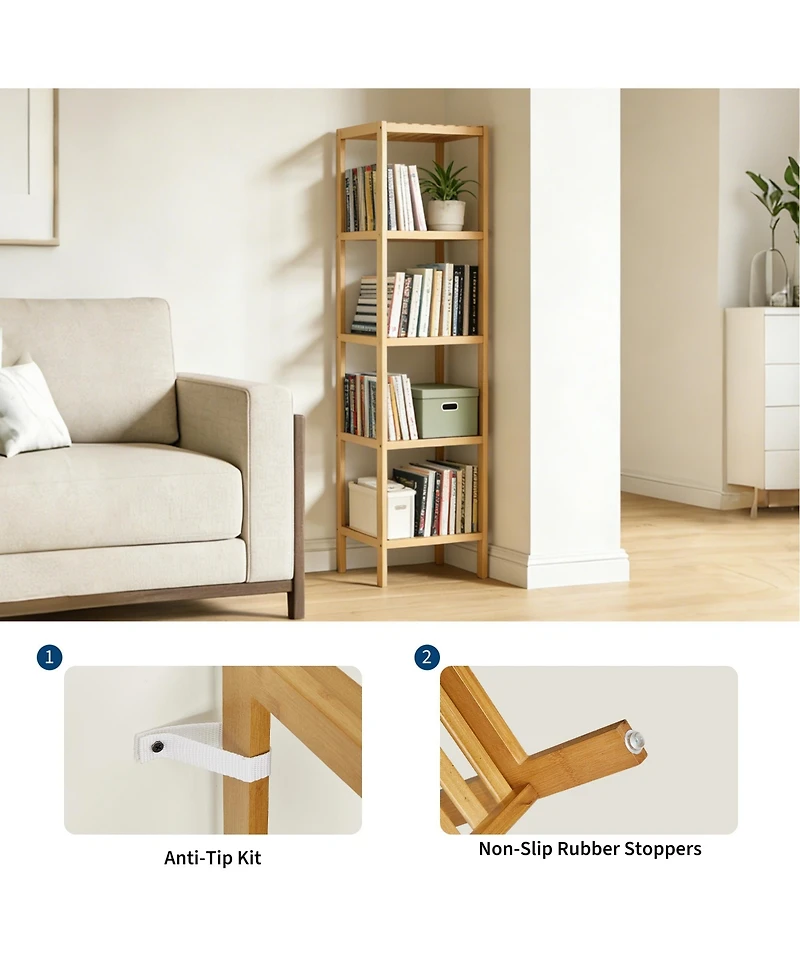 gaomon Space Saving 5 Tier Wooden Bathroom Shelf, Narrow Standing Storage Rack with Slatted Natural Wood, Versatile for Towels, Plants