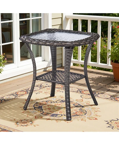 Pocassy Wicker Side Table Outdoor, Patio Rattan with Glass Top and Storage Shelf, 22" Tall Coffee for Yard, Deck, Garden
