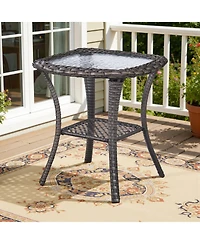 Pocassy Wicker Side Table Outdoor, Patio Rattan with Glass Top and Storage Shelf, 22" Tall Coffee for Yard, Deck, Garden