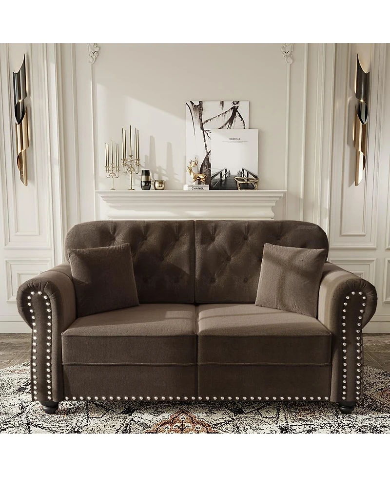 Maison Boucle Velvet Loveseat Sofa, Chesterfield Tufted Nailhead, Rolled Arms
