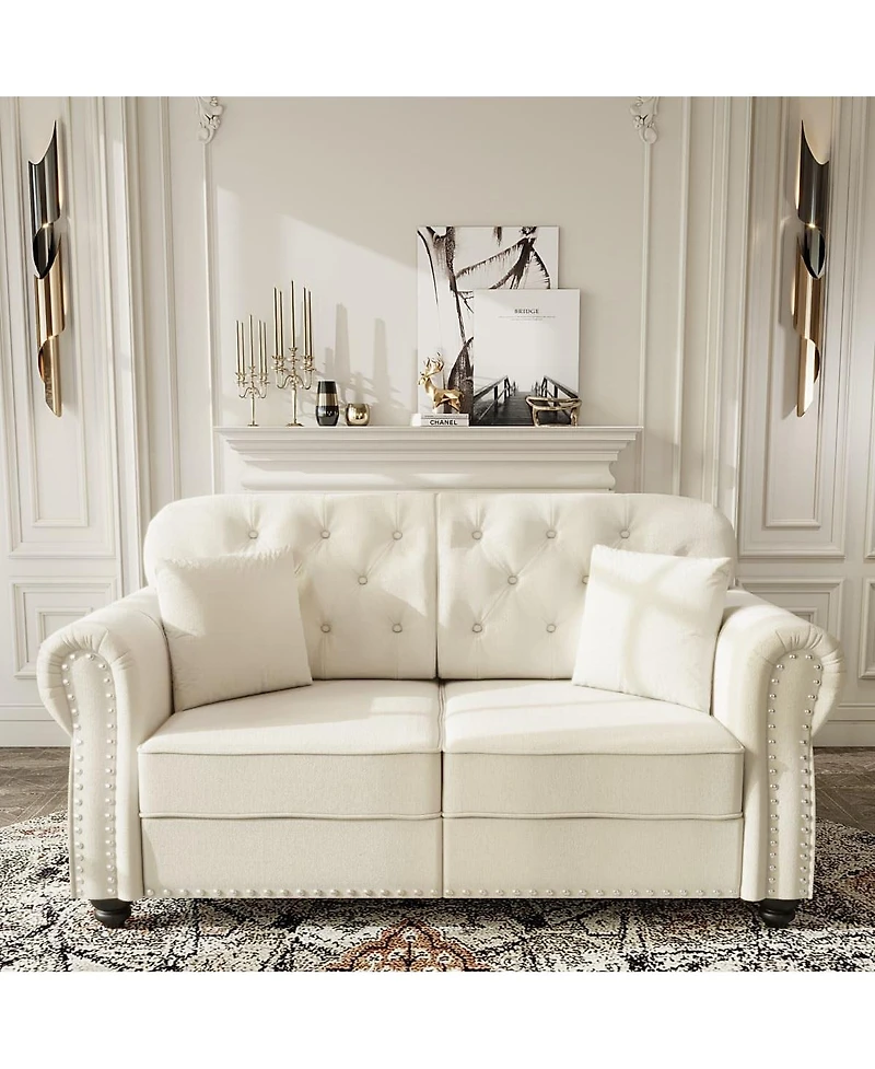 Maison Boucle Velvet Loveseat Sofa, Chesterfield Tufted Nailhead, Rolled Arms