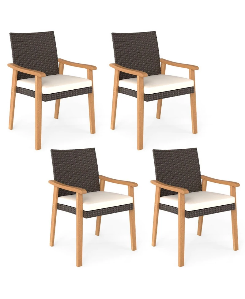 Sugift Pe Rattan Patio Dining Chair Set of 4 with Removable Cushions and Acacia Wood Armrests