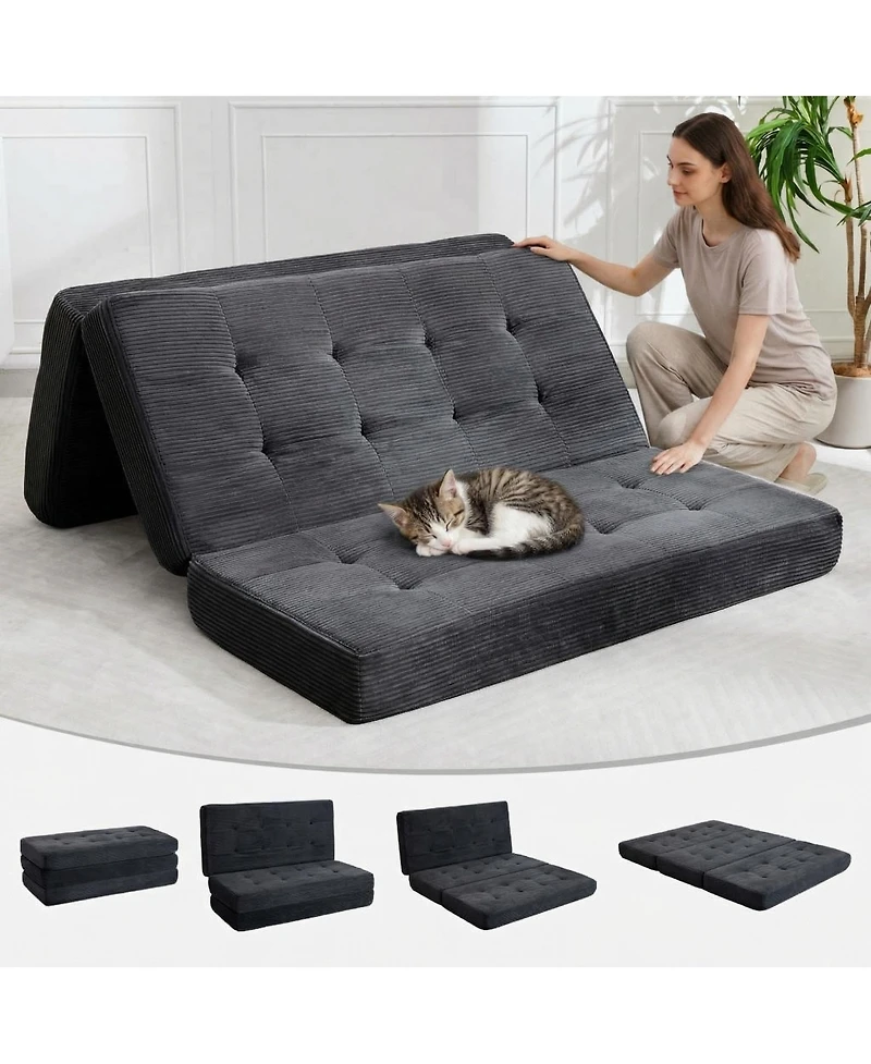 homfan 6" Tri-Fold Mattress 75" x 54.3", Corduroy Sofa Bed & Guest Floor Mattress, Portable Foam for Camping, Bedroom Living Room
