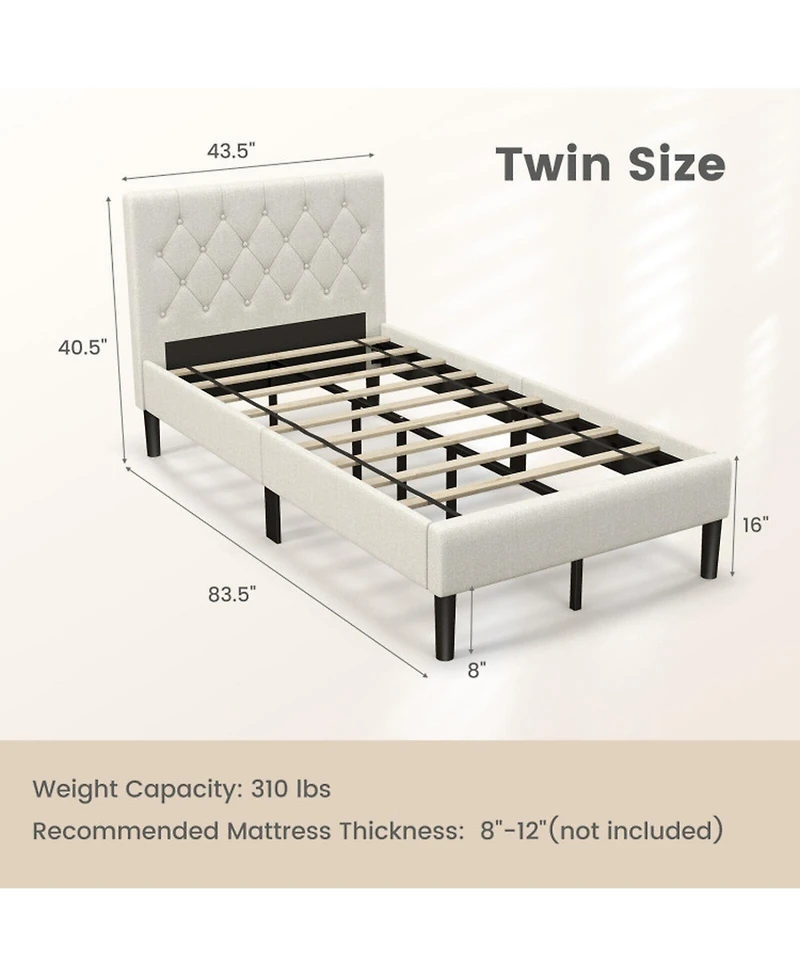 Gouun Twin Upholstered Platform Bed Frame with Button Tufted Headboard