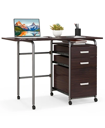 Gouun Folding Computer Desk 3 Drawers Wheels Home Office Laptop Table