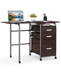 Gouun Folding Computer Desk 3 Drawers Wheels Home Office Laptop Table