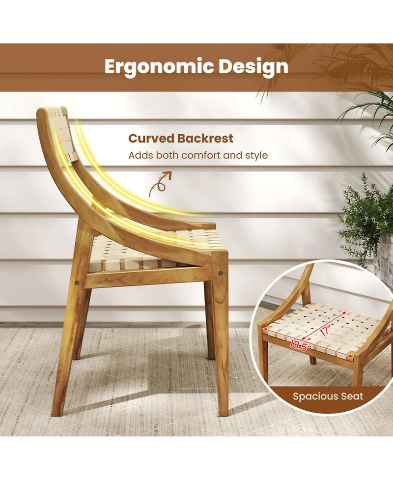 Gouun Set of 2 Teak Wood Outdoor Dining Chairs with Woven Pp Webbing Seat and Backrest