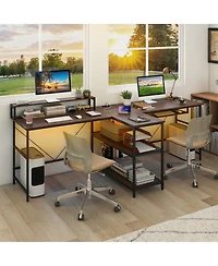 Gouun 2-Person Computer Desk Led Lights Monitor Stand Storage