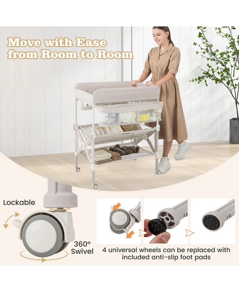 Gouun Portable Baby Changing Table with Wheels and Storage Rack