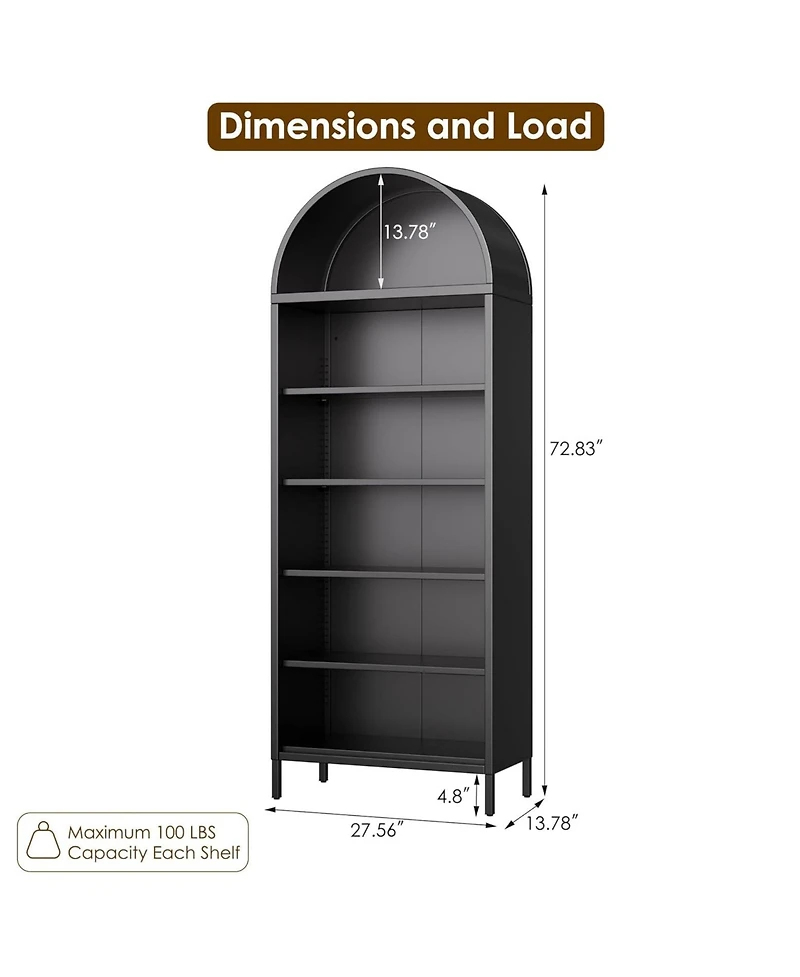 Boyel Living 73" Metal Arched Bookcase with Adjustable Shelves, Tall Bookshelf for Home Office and Living Room